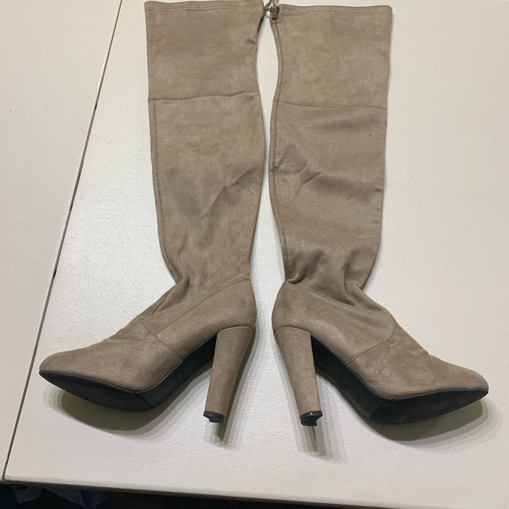 Taupe Over-the-Knee Suede Heeled Boots